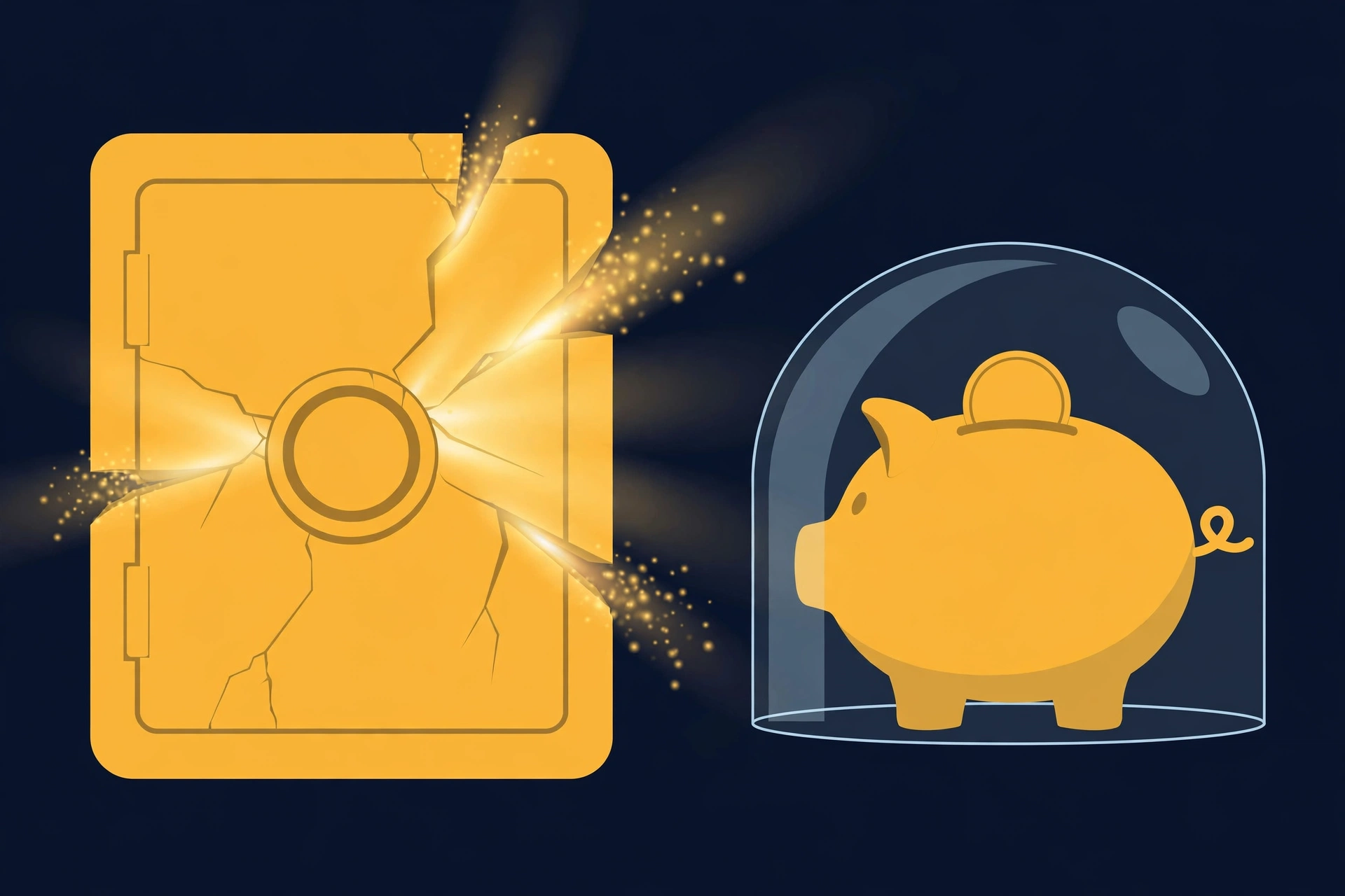 Money lessons for lottery winners: a cracked gold safe next to a piggy bank kept safe under glass