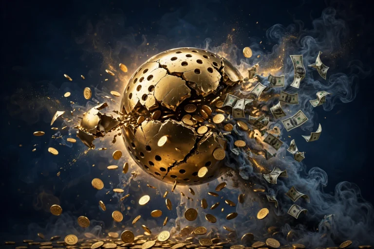 Lottery winners who lost it all — golden lottery ball shattering, coins spilling into the dark